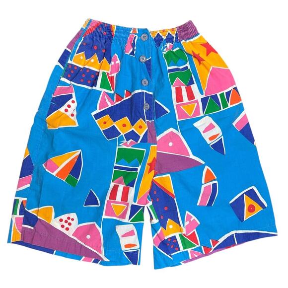 Vintage 80's Bright Funky Bold Abstract Pattern Beach Shorts Blue size Medium - Picture 1 of 5